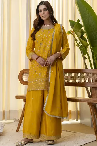 Mustard women kurta palazzo dupatta set