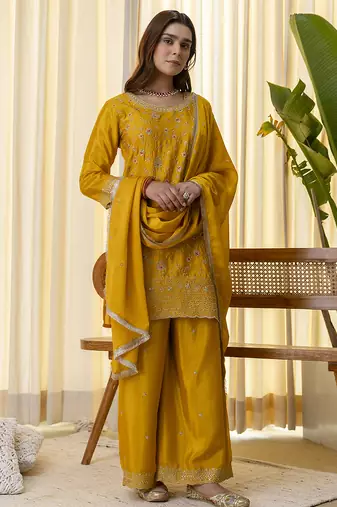 Mustard women kurta palazzo dupatta set