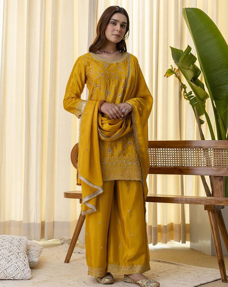 Mustard women kurta palazzo dupatta set