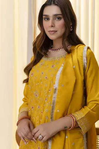 Mustard women kurta palazzo dupatta set