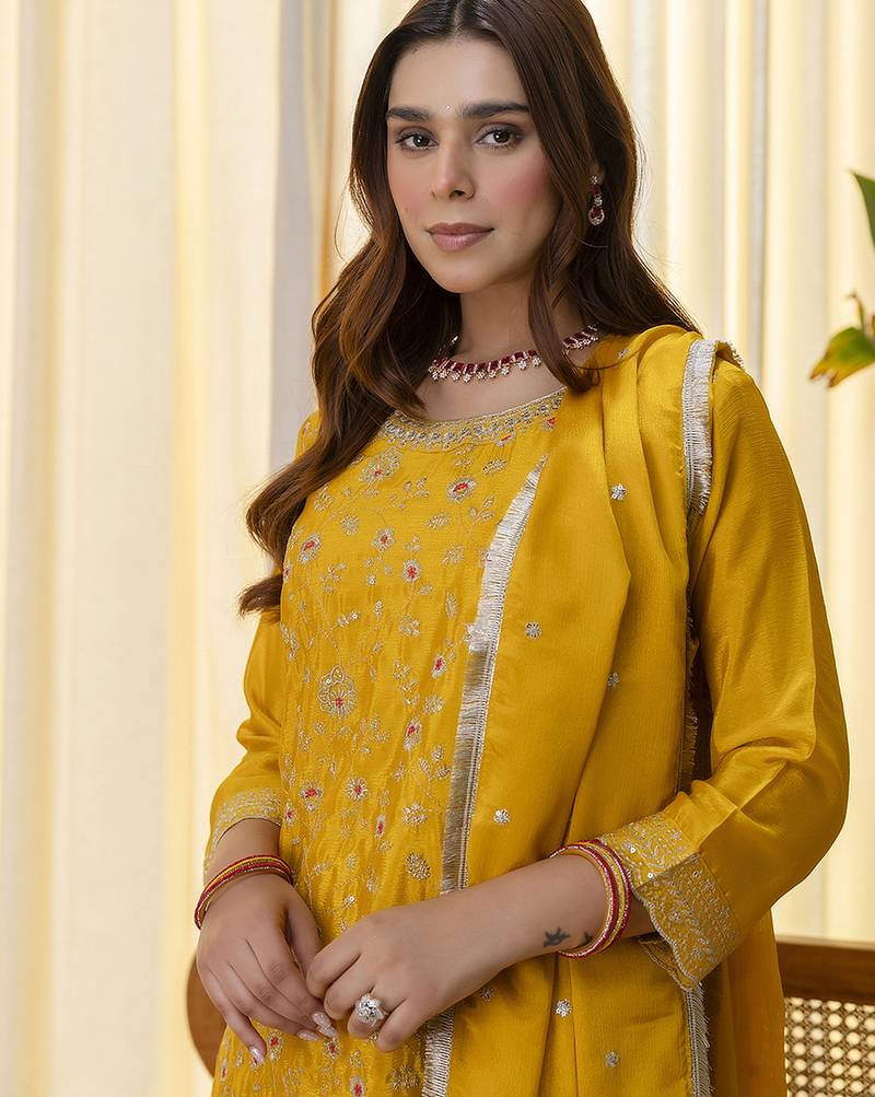 Mustard women kurta palazzo dupatta set