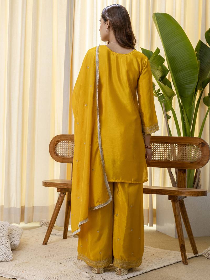 Mustard women kurta palazzo dupatta set