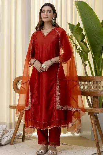 Rust women kurta pant dupatta set