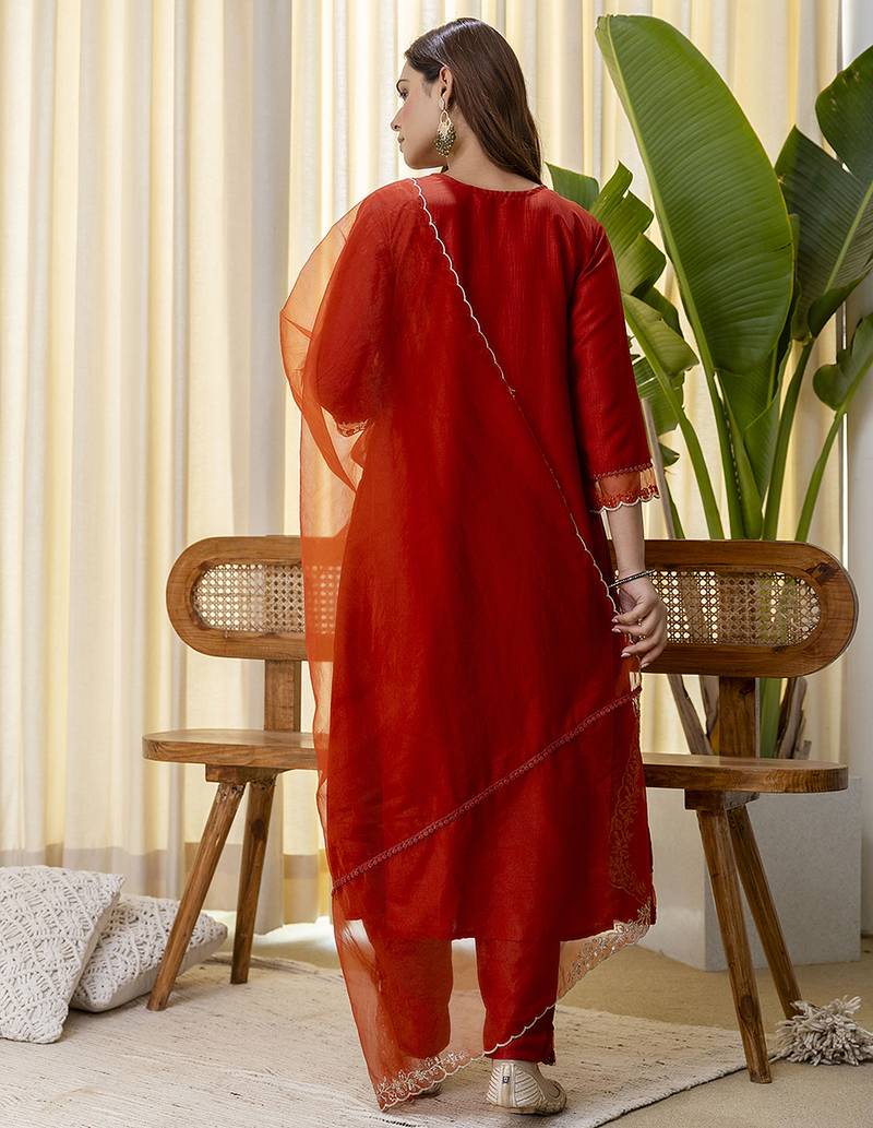 Rust women kurta pant dupatta set