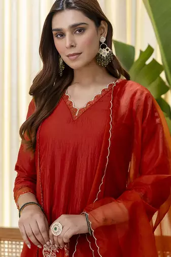 Rust women kurta pant dupatta set
