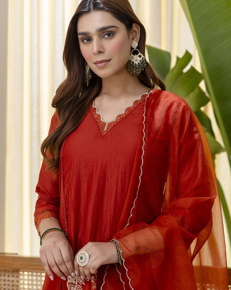 Rust women kurta pant dupatta set
