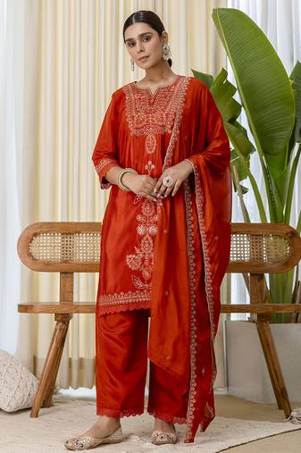 Rust women kurta pant dupatta set