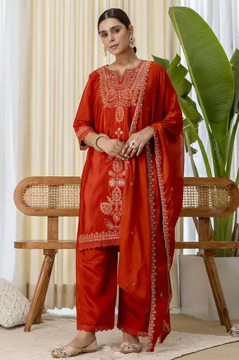 Rust women kurta pant dupatta set