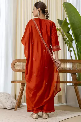 Rust women kurta pant dupatta set