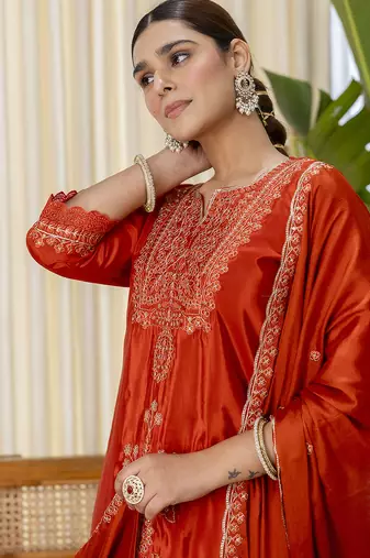 Rust women kurta pant dupatta set