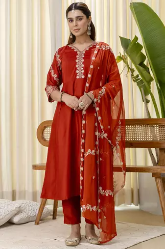 Rust women kurta pant dupatta set