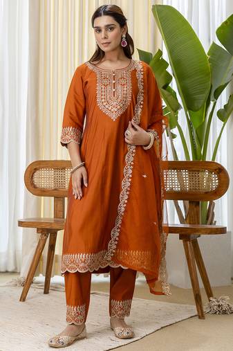Rust women kurta pant dupatta set