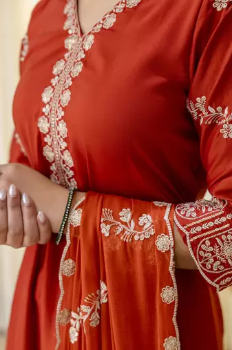 Rust women kurta pant dupatta set