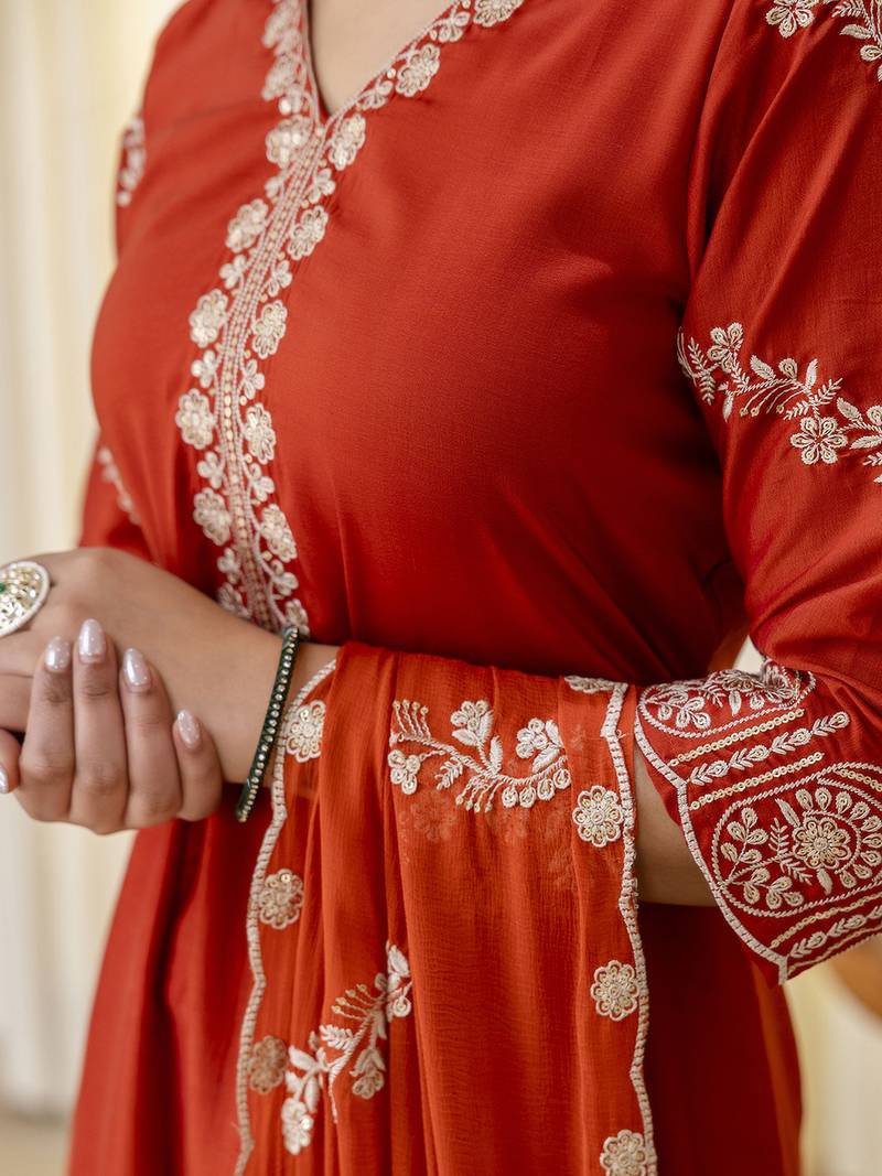 Rust women kurta pant dupatta set