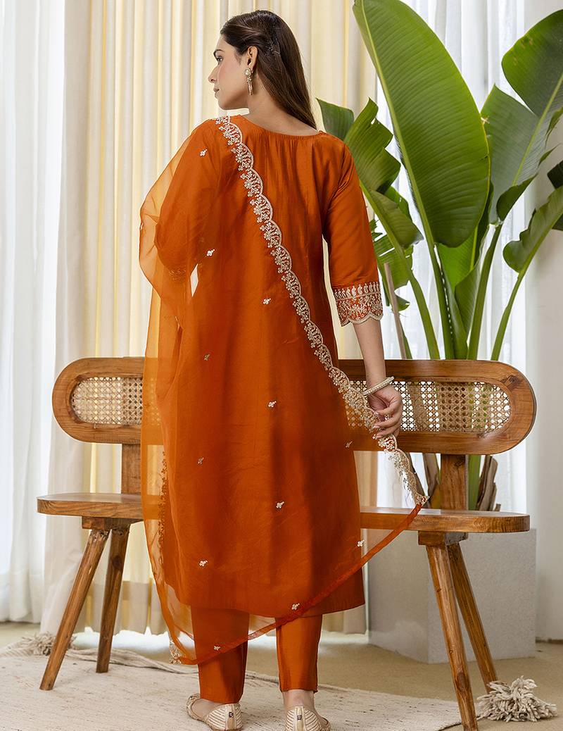 Rust women kurta pant dupatta set