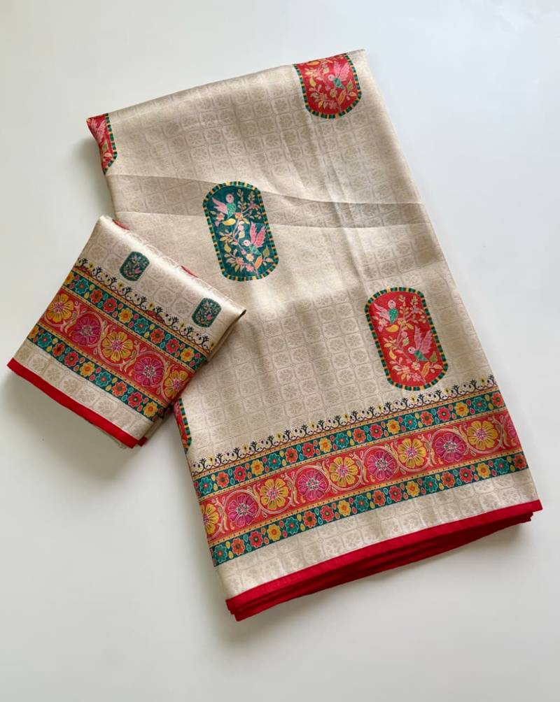 Off White Color  Jari Jaqurad Weaving Work Pashmina Silk Blend Saree