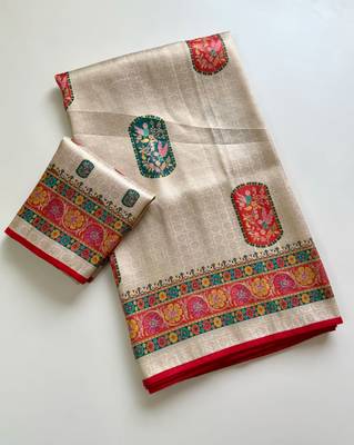 Off White Color  Jari Jaqurad Weaving Work Pashmina Silk Blend Saree 1