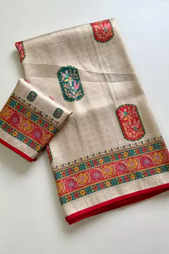 Off White Color  Jari Jaqurad Weaving Work Pashmina Silk Blend Saree