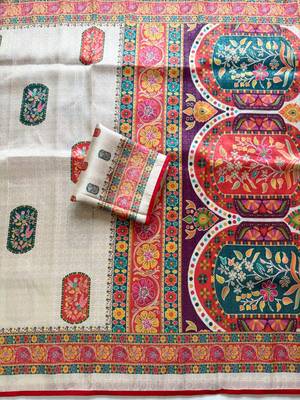 Off White Color  Jari Jaqurad Weaving Work Pashmina Silk Blend Saree 2