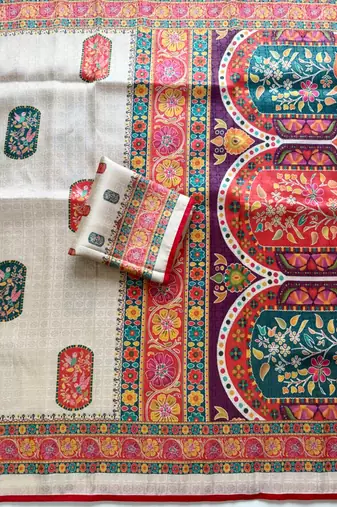 Off White Color  Jari Jaqurad Weaving Work Pashmina Silk Blend Saree