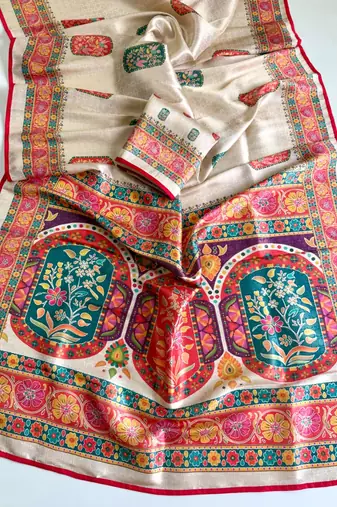 Off White Color  Jari Jaqurad Weaving Work Pashmina Silk Blend Saree