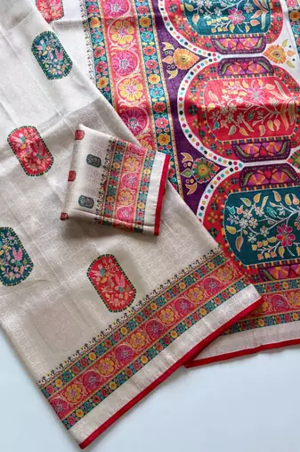 Off White Color  Jari Jaqurad Weaving Work Pashmina Silk Blend Saree
