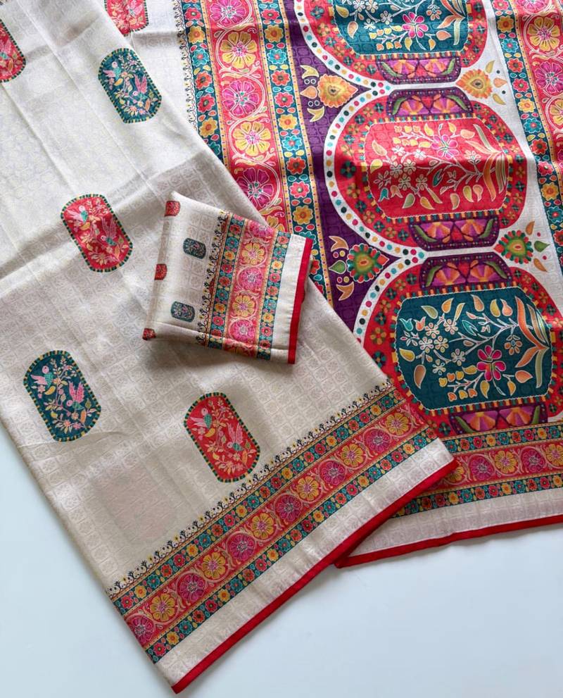 Off White Color  Jari Jaqurad Weaving Work Pashmina Silk Blend Saree