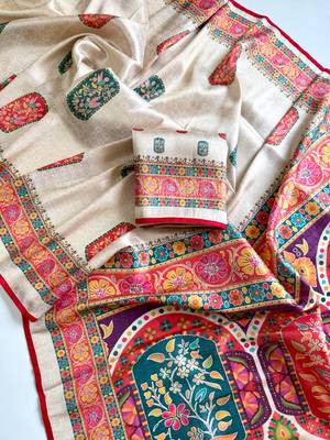 Off White Color  Jari Jaqurad Weaving Work Pashmina Silk Blend Saree 5