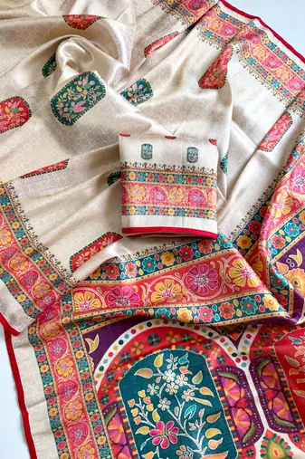 Off White Color  Jari Jaqurad Weaving Work Pashmina Silk Blend Saree
