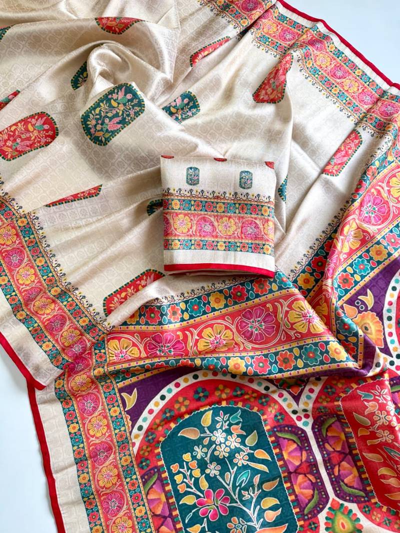 Off White Color  Jari Jaqurad Weaving Work Pashmina Silk Blend Saree