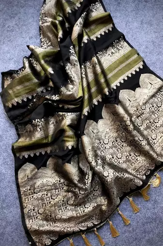 Black Color Jari Jaqurad Weaving Work Tisu Silk Saree 