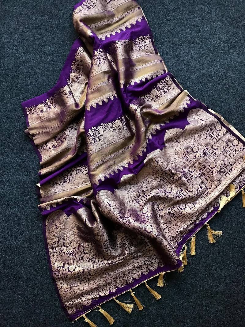Purple Color Jari Jaqurad Weaving Work Tisu Silk Blend Saree 
