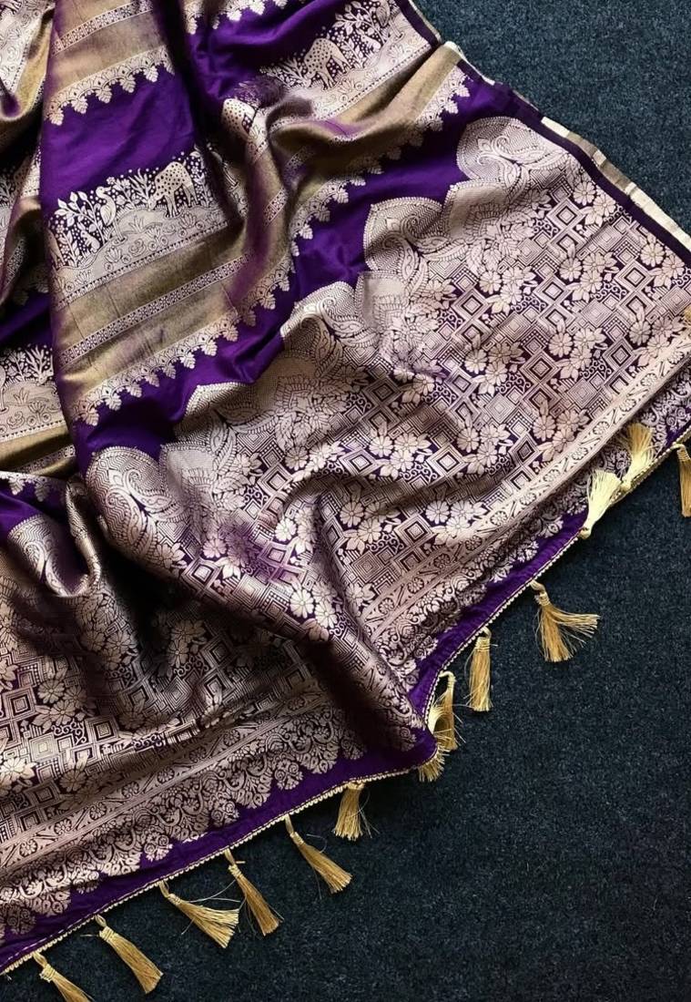 Purple Color Jari Jaqurad Weaving Work Tisu Silk Blend Saree 