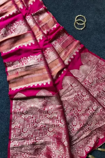 Rani pink Color Jari Jaqurad Weaving Work Tisu Silk Blend Saree 