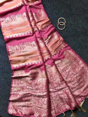 Rani pink Color Jari Jaqurad Weaving Work Tisu Silk Blend Saree  2