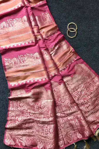 Rani pink Color Jari Jaqurad Weaving Work Tisu Silk Blend Saree 