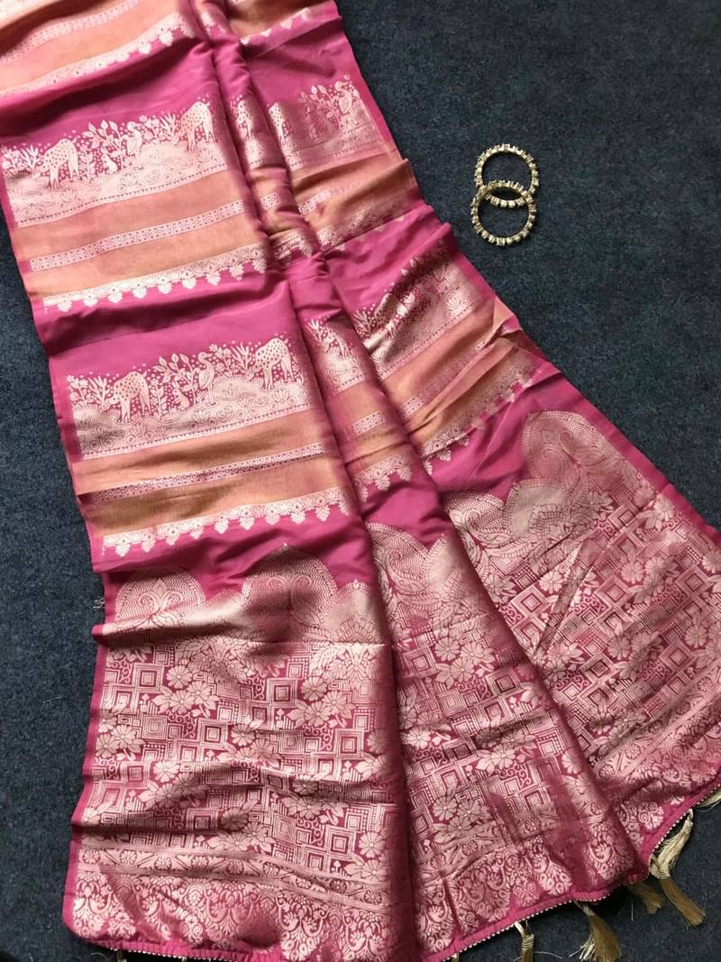 Rani pink Color Jari Jaqurad Weaving Work Tisu Silk Blend Saree 