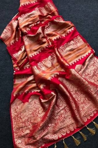 Red Color Jari Jaqurad Weaving Work Tisu Silk Blend Saree 