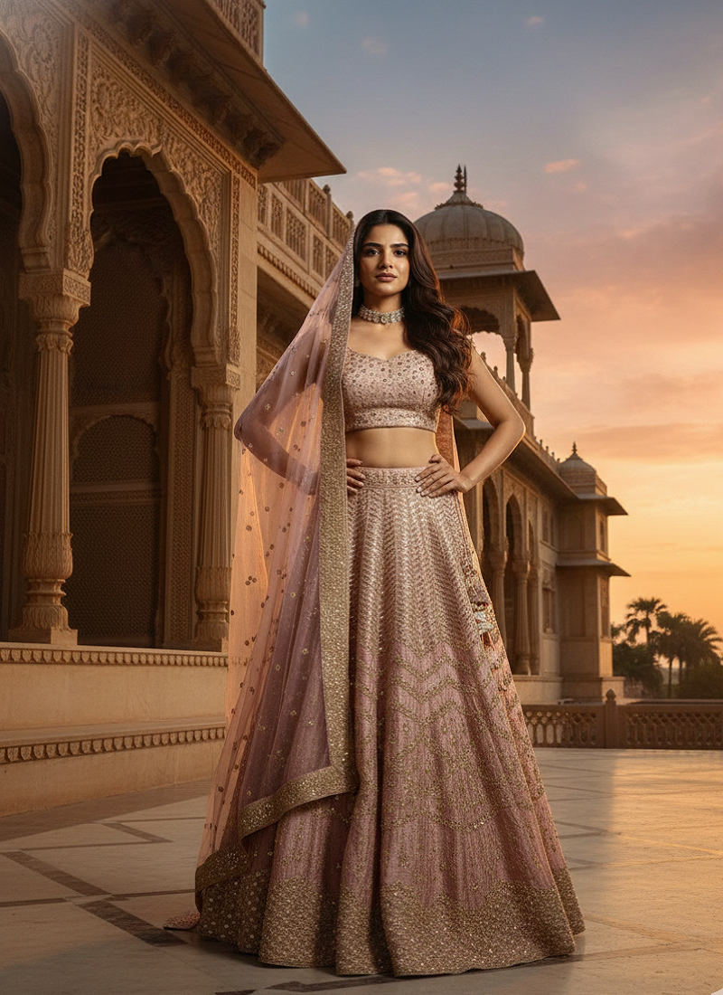 baby pink satin silk lehenga choli with net dupatta