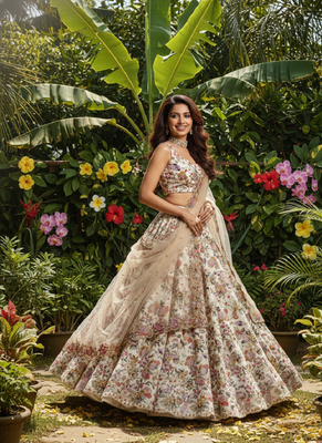 off white faux georgette lehenga choli with embroidery 1