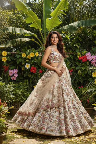 off white faux georgette lehenga choli with embroidery