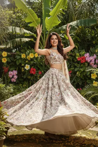 off white faux georgette lehenga choli with embroidery