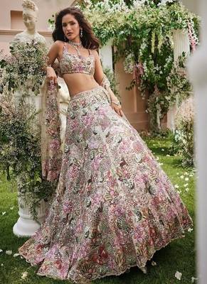 off white faux georgette lehenga choli with embroidery 3