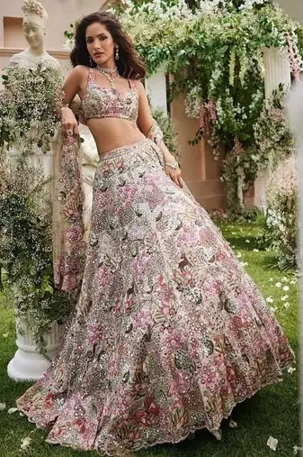 off white faux georgette lehenga choli with embroidery