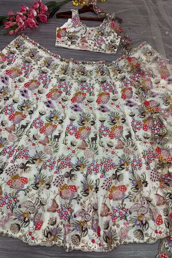 off white faux georgette lehenga choli with embroidery