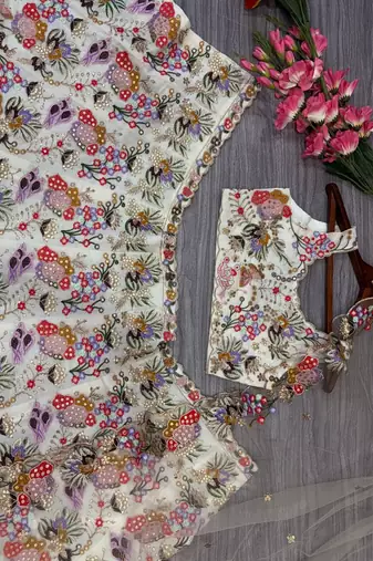 off white faux georgette lehenga choli with embroidery