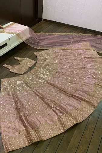 baby pink satin silk lehenga choli with net dupatta