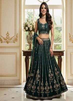 bottle green faux georgette lehenga choli with embroidery 1