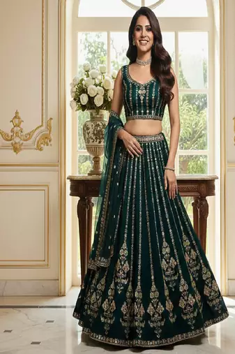 bottle green faux georgette lehenga choli with embroidery