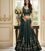 bottle green faux georgette lehenga choli with embroidery